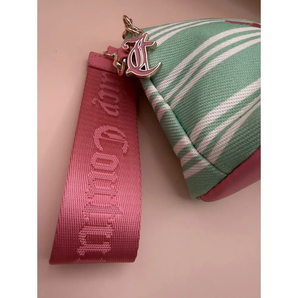 Juicy Couture Striped Canvas Wristlet Pouch Mint‎ Pink Paradise Makeup Bag NWOT